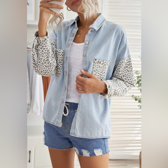 NEW Casual Leopard Denim Lapel Long Sleeve Button Down Oversized Jackets Coat - Picture 2 of 9